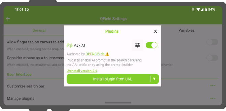 QField plugin manager showing the new plugin configuration button interface