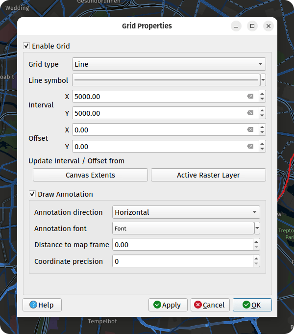 QGIS project settings dialog configuring grid decoration for display in QField