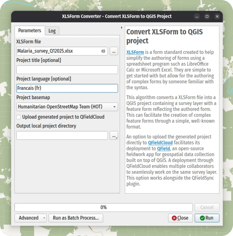 The XLSForm Converter’s algorithm dialog