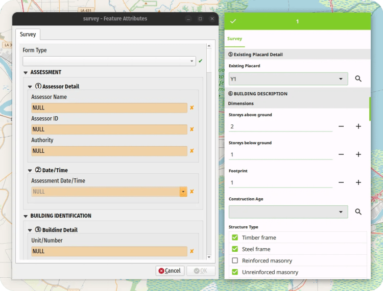 The converted survey form as displayed on QGIS (left) and QField (right)